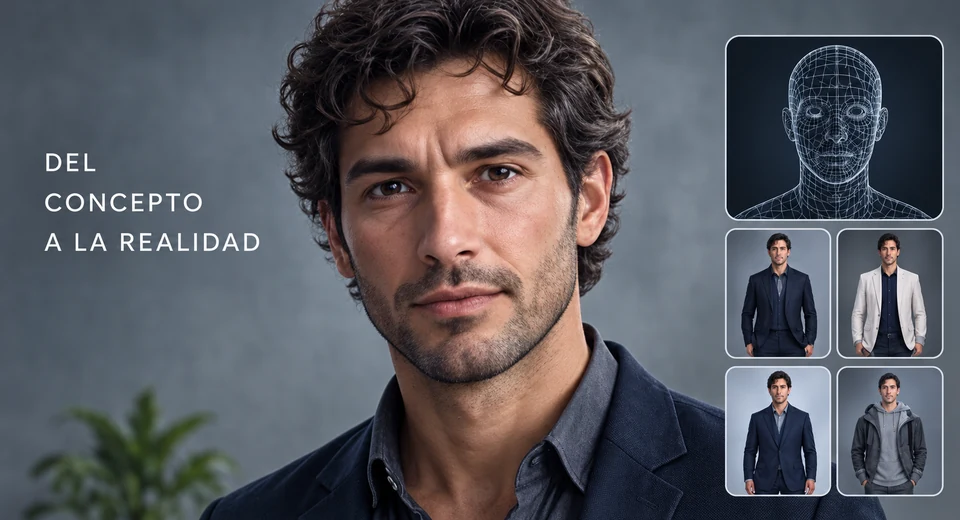 MetaHuman masculino junto a su malla facial y variantes de vestuario